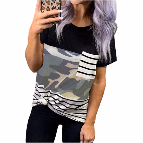 Summer Round Collar Pullover Leopard Patterned Patchwork Shirt Short Sleeve Woman